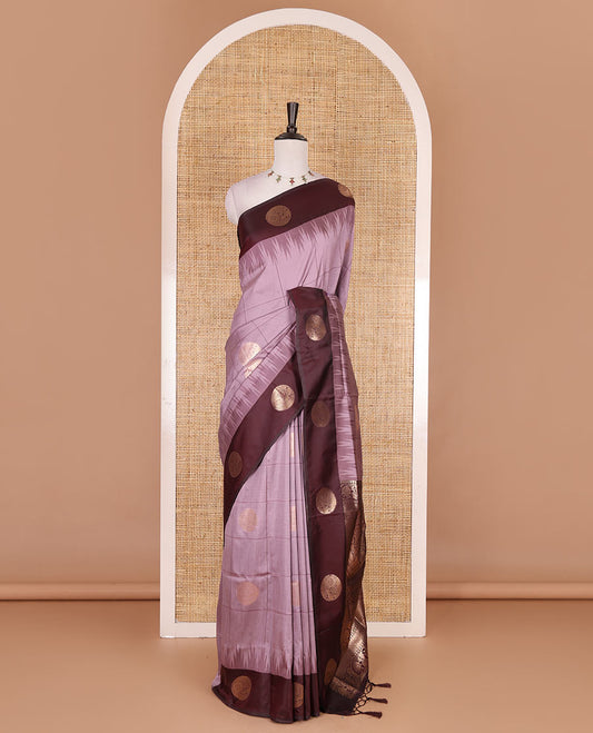Pink round peacock chakram buttas enclosed checked Mulberry silk saree, contrast round peacock chakra border, zari worven pallu, and contrast zari blouse