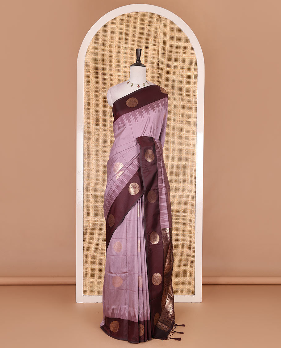 Pink round peacock chakram buttas enclosed checked Mulberry silk saree, contrast round peacock chakra border, zari worven pallu, and contrast zari blouse
