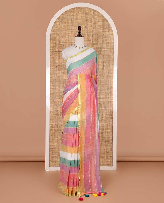 Borderless multi-color rainbow striped khadi mul cotton saree, self-pallu with multi-color tassels and a matching blouse