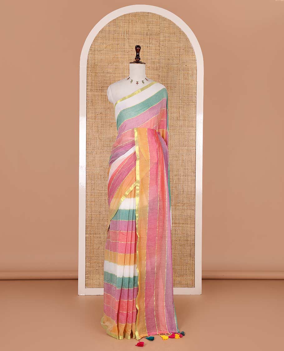Borderless multi-color rainbow striped khadi mul cotton saree, self-pallu with multi-color tassels and a matching blouse
