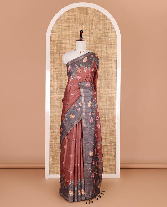 Brown floral motifs printed katan silk saree, contrast scallop floral printed with piping zari border, and contrast buttas blouse