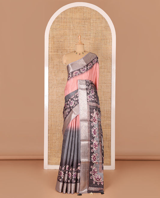 Light orange tri-ombre colored zari stripes, and floral vine printed semi-tussar saree, contrast floral creeper zari border, kalamkari peacock printed pallu, and a contrast blouse of zari work and print