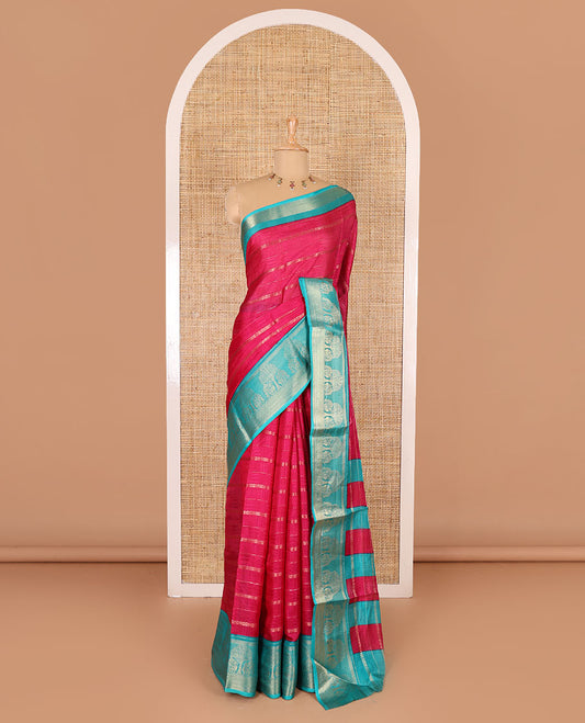 Rani pink traditional zari design dola silk saree, contrast tree of life and peacock design border, zari design pallu, and contrast zari woven blouse