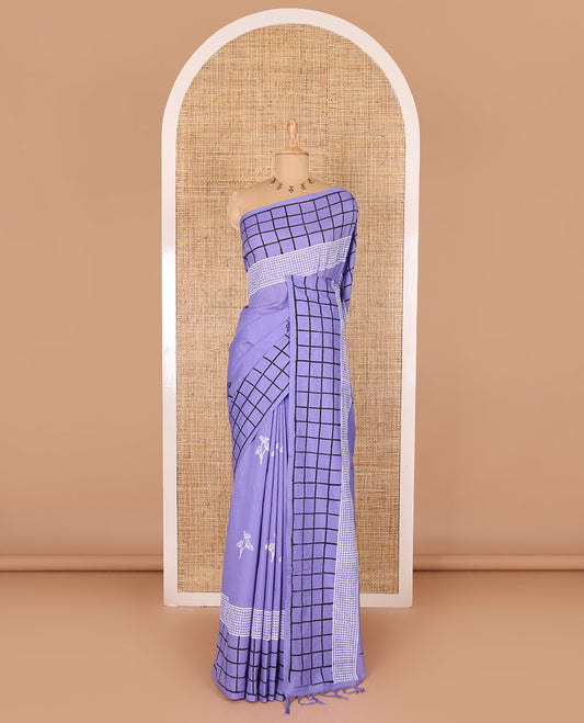 Lavender floral motifs printed South cotton saree, checks block printed border, a matching blouse, and a contrast paisley vine block printed blouse