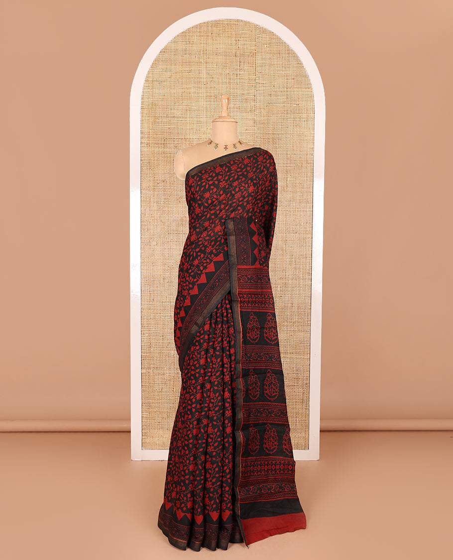 Black floral vine hand block printed Chanderi cotton saree with temple border of print, and piping zari work, printed pallu, and a zig-zag striped blouse