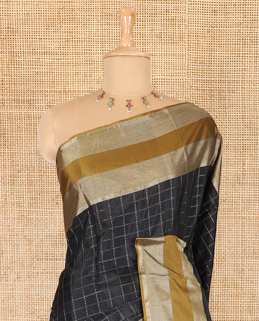 Black checked semi-soft silk saree, contrast satin zari striped border, striped pallu, and a matching blouse