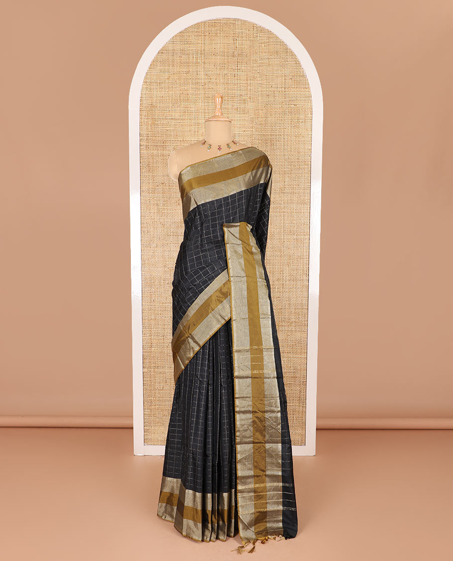 Black checked semi-soft silk saree, contrast satin zari striped border, striped pallu, and a matching blouse