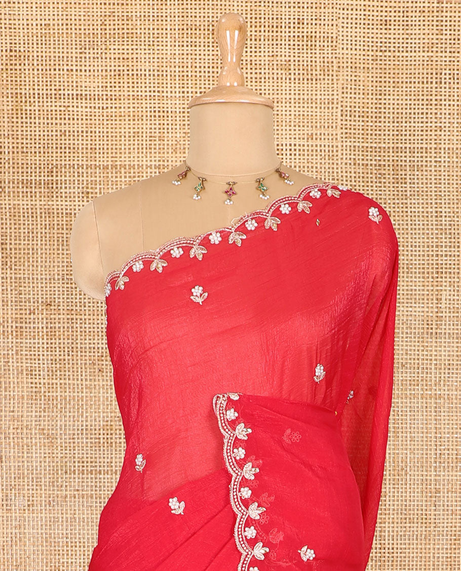 Pink color, floral embroidered motifs crunchy crush saree, scallop pearl embroidered border,  embroidered pallu, and a contrast embroidered blouse