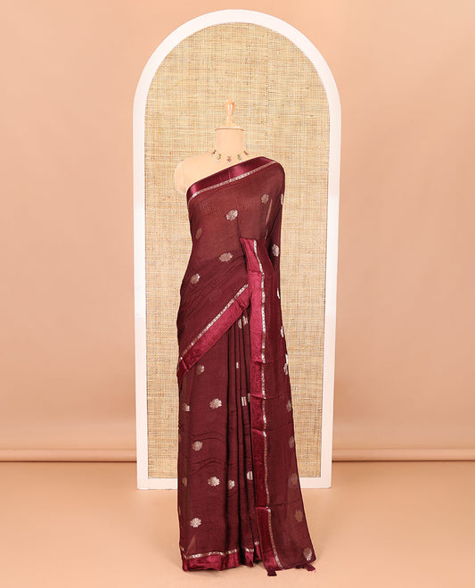 Brown floral zari buttas viscose khadi silk saree, traditional zari satin border, floral zari buttas woven pallu, and a matching zari design blouse