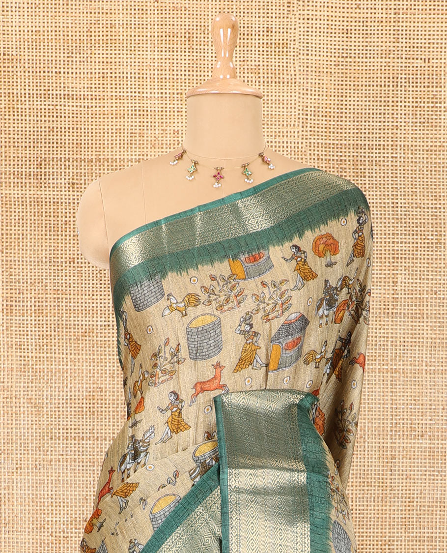 Chikku-green color animal and village theme printed khadi jute saree, contrast jaal patterns zari woven border, printed pallu, and a contrast blouse