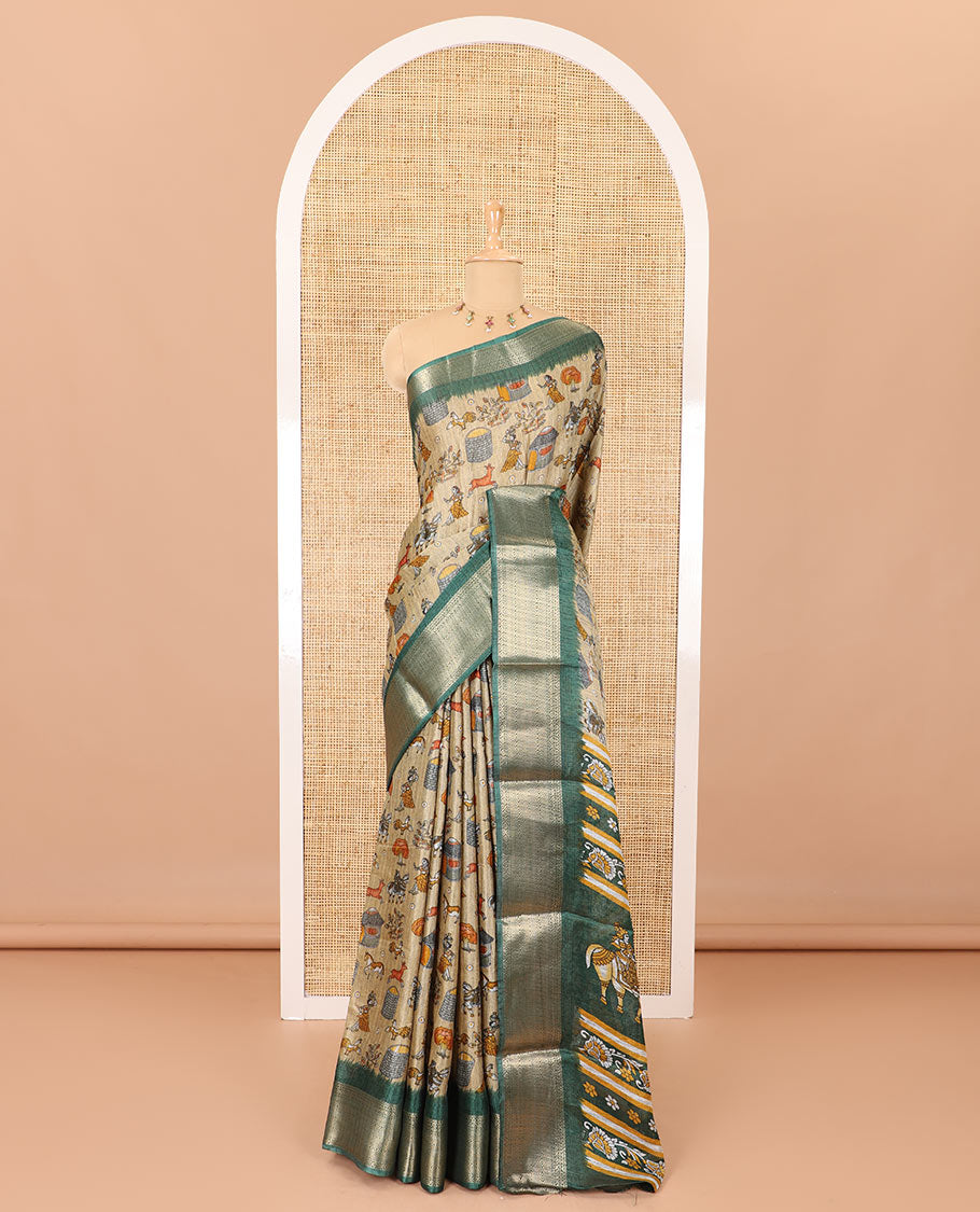 Chikku-green color animal and village theme printed khadi jute saree, contrast jaal patterns zari woven border, printed pallu, and a contrast blouse