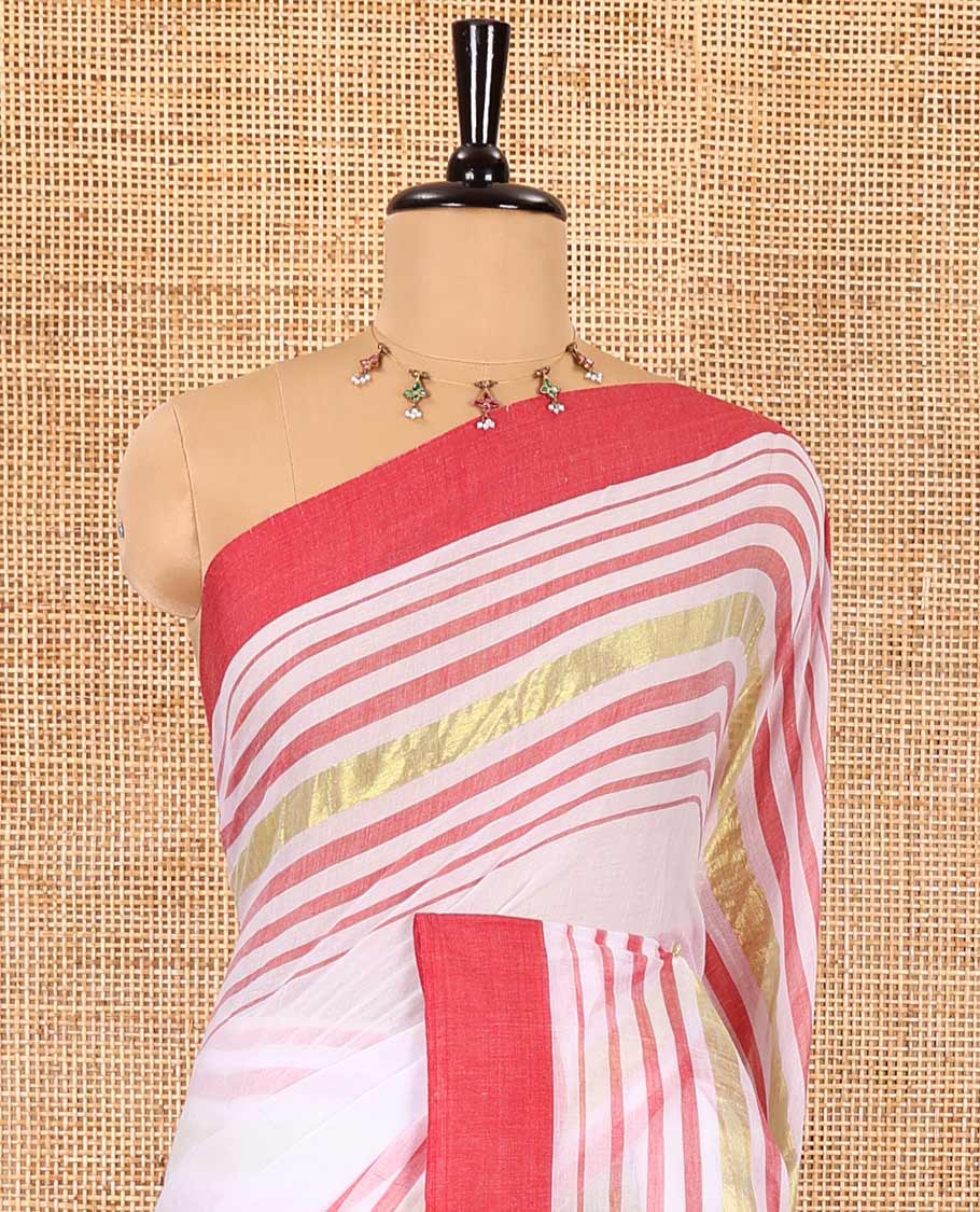 Cream and red plain khadi mul cotton saree with contrast double-sided border of horizontal stripes, striped pallu, and a matching blouse