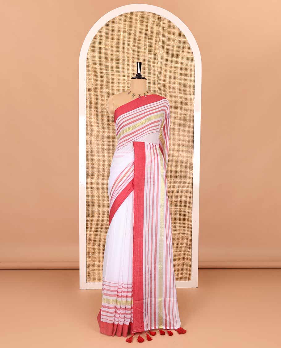 Cream and red plain khadi mul cotton saree with contrast double-sided border of horizontal stripes, striped pallu, and a matching blouse