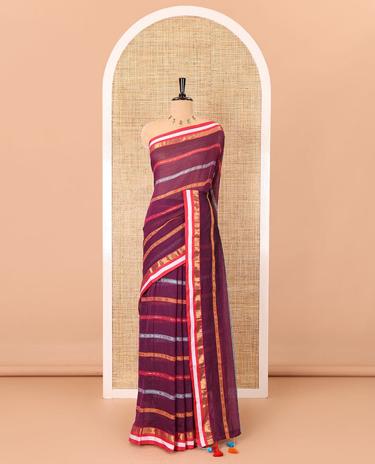 Purple horizontal multi-colored striped Khadi mul cotton saree, contrast satin gold zari piping border, striped pallu, and a matching blouse