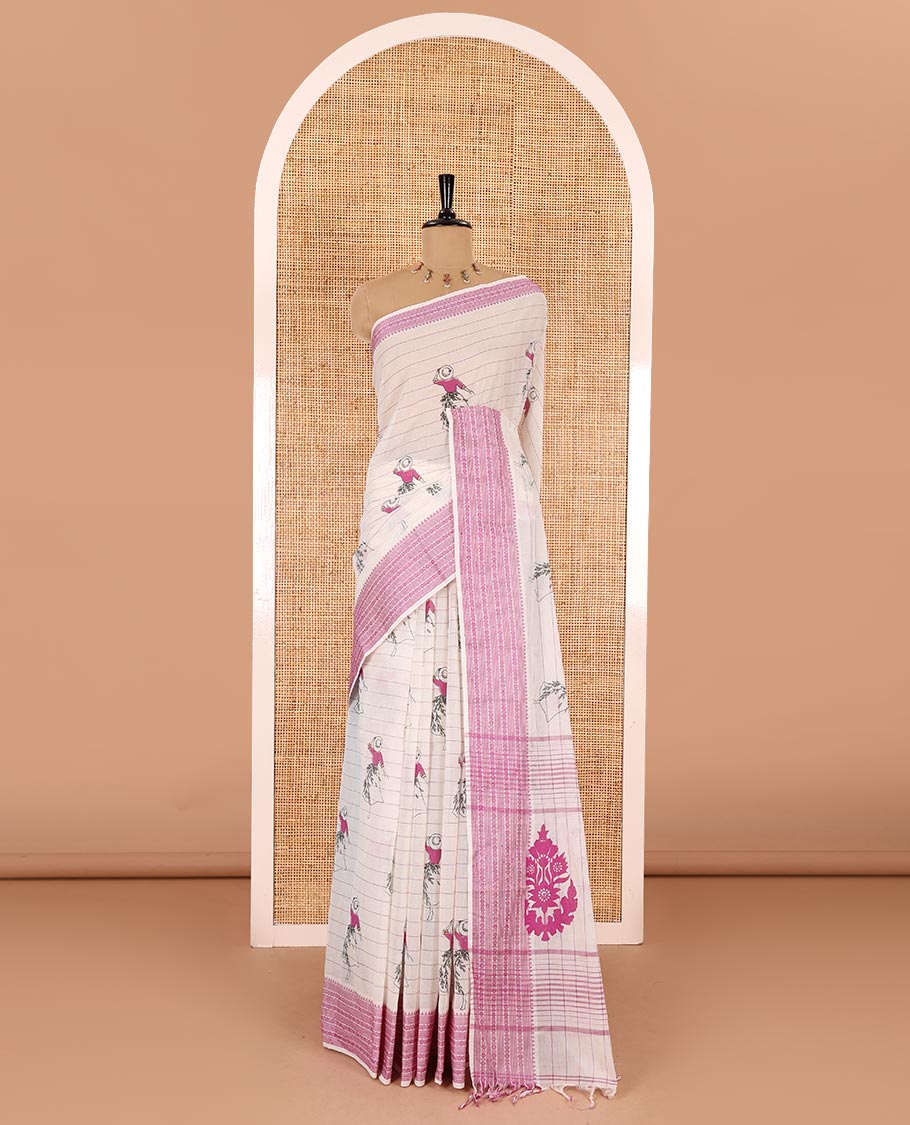Cream-violet horizontal striped and girl motifs printed Mangalagiri cotton saree, traditional motifs woven border, printed pallu, and a contrast blouse