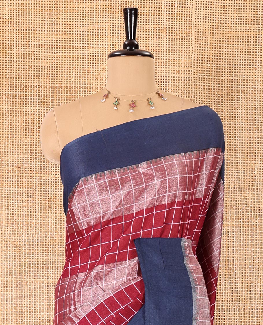 Purple silver zari checked Bhagalpur cotton saree, contrast plain border, striped pallu, and a contrast silver zari blouse