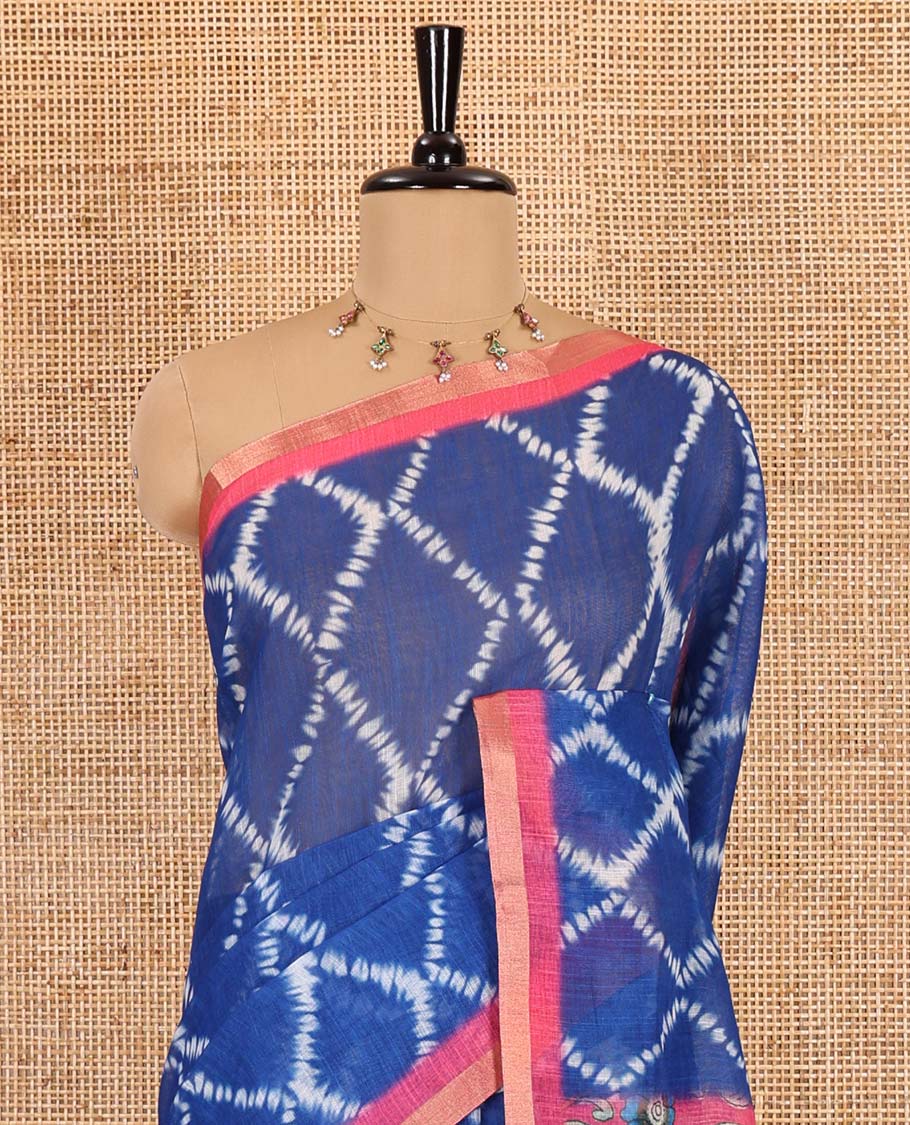 Blue argyle shibori printed linen cotton saree, contrast border, kalamkari floral vine printed pallu, and a contrast kalamkari printed blouse