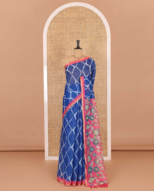 Blue argyle shibori printed linen cotton saree, contrast border, kalamkari floral vine printed pallu, and a contrast kalamkari printed blouse