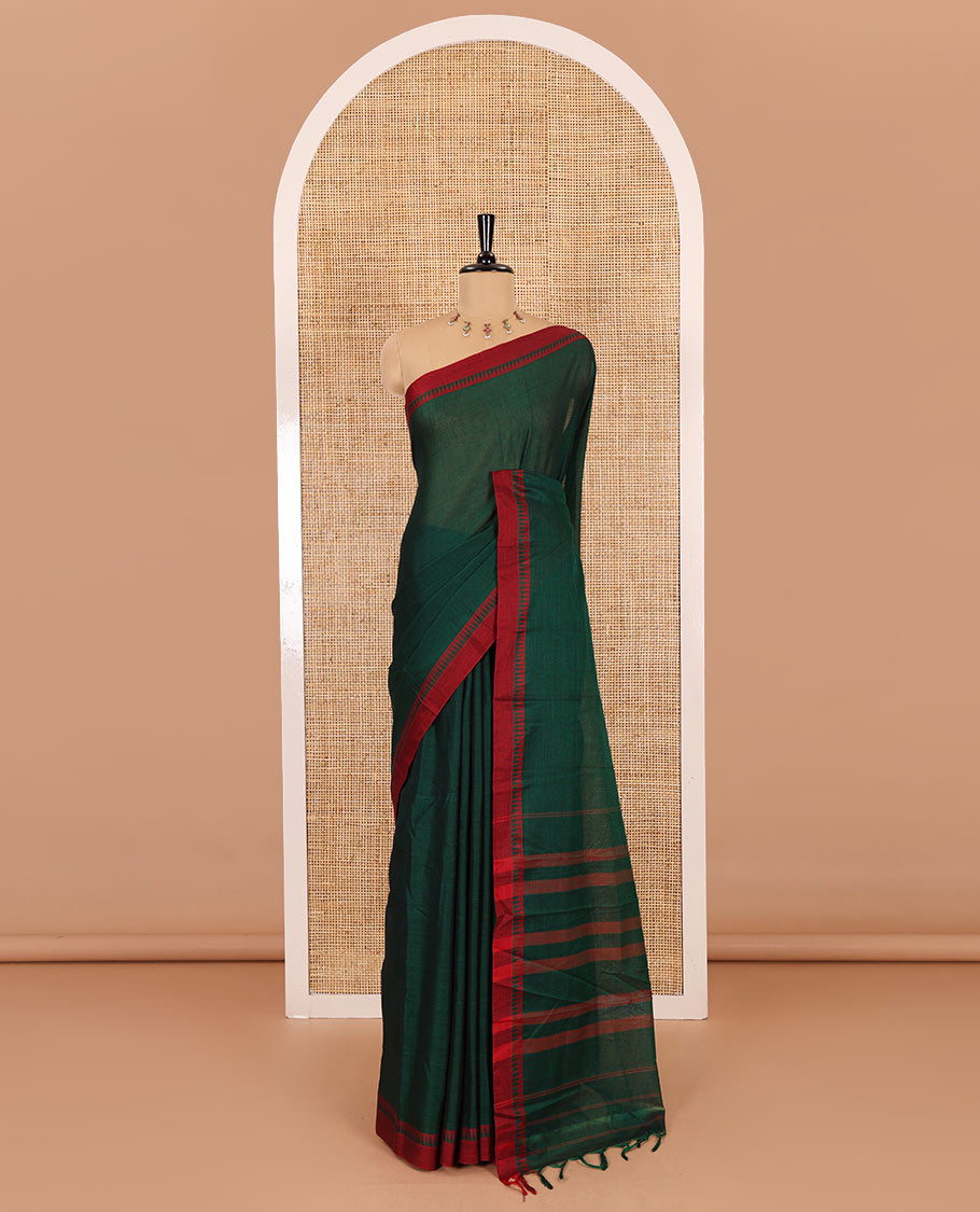 Green plain mercerised cotton saree, contrast temple plain border, striped pallu, and a matching blouse