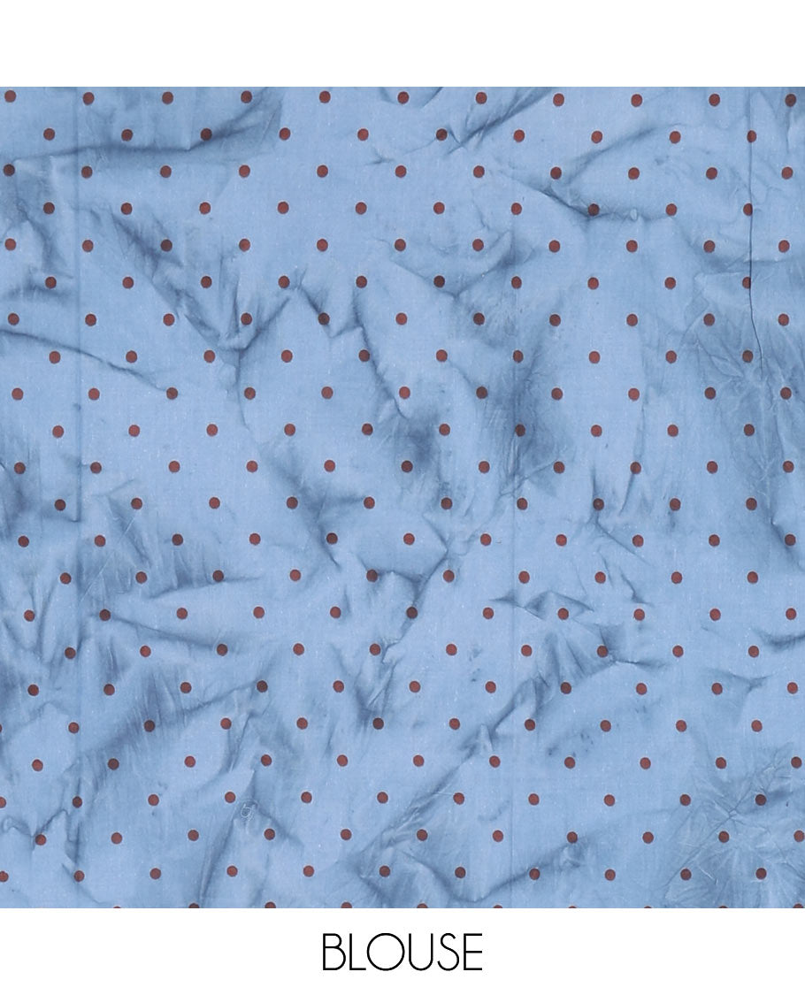 Blue lotus printed soft cotton saree, piping border, printed pallu, and a shibori printed blouse of polka dots