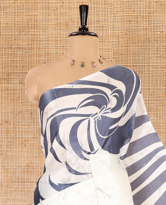 Borderless grey batik-style abstract printed art khadi cotton saree, batik-style abstract printed pallu and contrast batik printed blouse