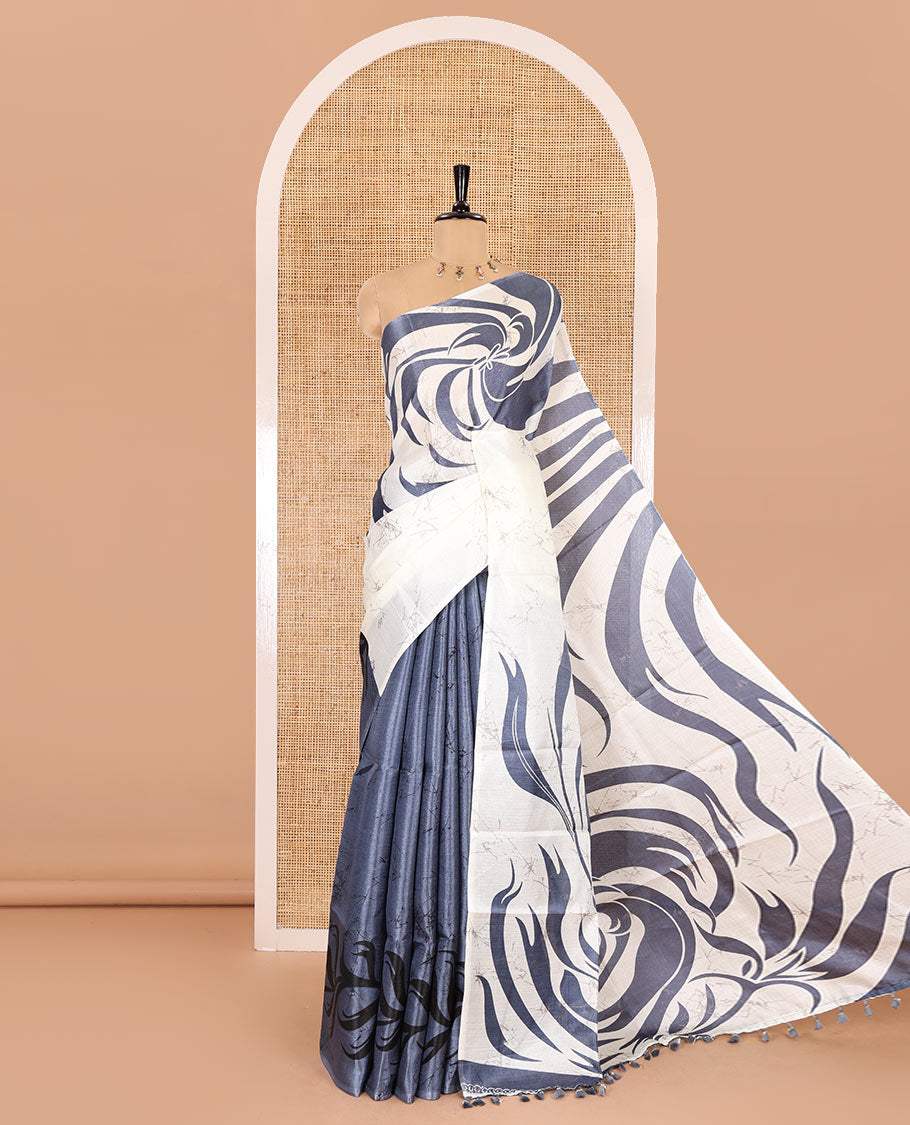 Borderless grey batik-style abstract printed art khadi cotton saree, batik-style abstract printed pallu and contrast batik printed blouse