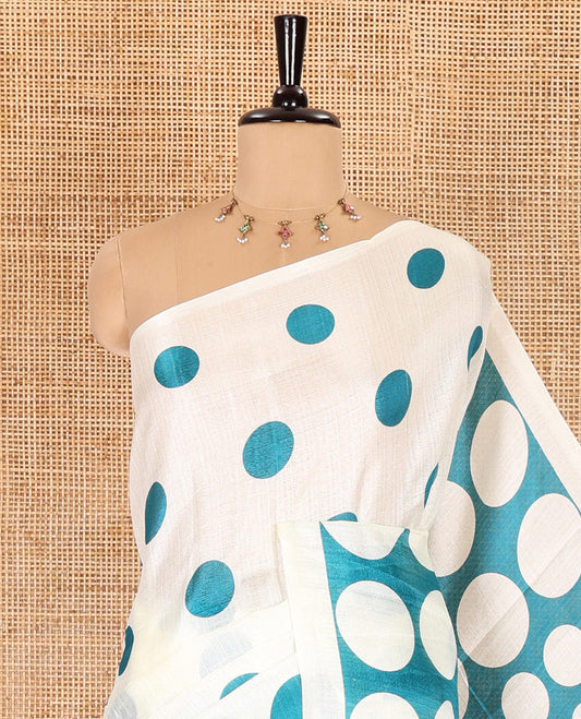 Borderless cream-rama polka dots printed art khadi cotton saree, pallu of big and small coin-size polka dots print, and a small dots printed blouse