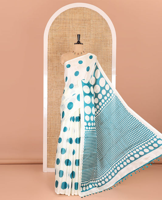 Borderless cream-rama polka dots printed art khadi cotton saree, pallu of big and small coin-size polka dots print, and a small dots printed blouse