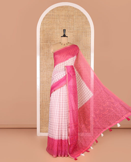 Rani checked linen cotton saree, contrast pochampally style geometric printed border, pochampally printed pallu, and a diamond patterns printed blouse