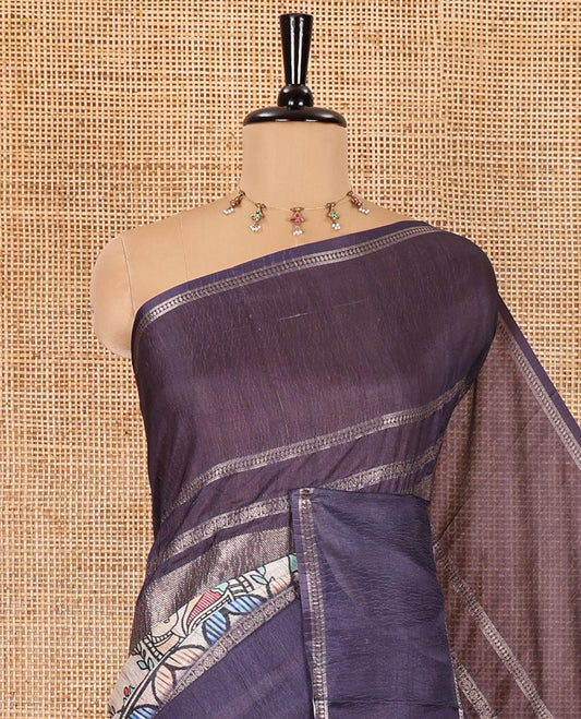 Purple Madhubani flora-fauna motifs printed moss crush saree, double-sided zari border, Madhubani village printed pallu, and a buttas printed blouse