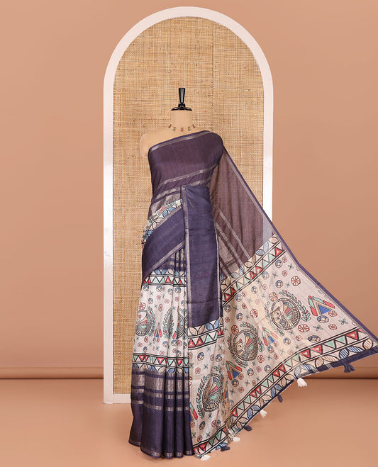 Purple Madhubani flora-fauna motifs printed moss crush saree, double-sided zari border, Madhubani village printed pallu, and a buttas printed blouse