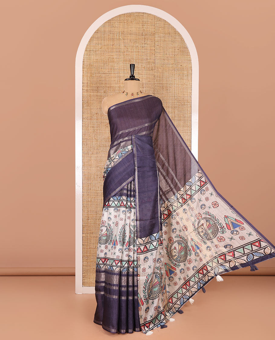 Purple Madhubani flora-fauna motifs printed moss crush saree, double-sided zari border, Madhubani village printed pallu, and a buttas printed blouse