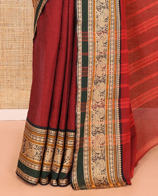 Maroon plain chettinad cotton saree with contrast peacock thread weaving border and lining chit pallu