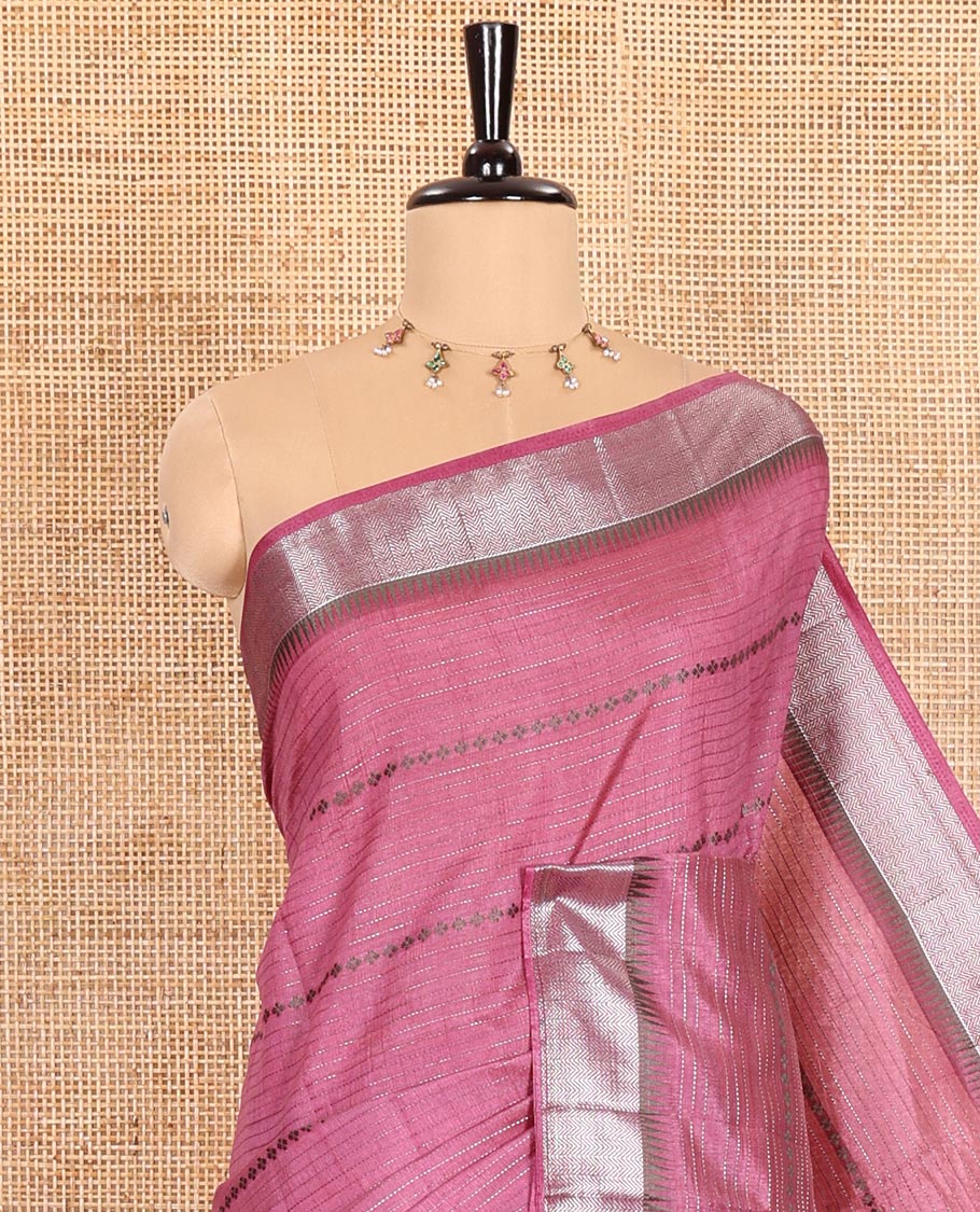 Lavender Semi-Tussar Saree Crafted with Zari Horizontal Stripes and Thread Floral Designs, Featuring a Subtly Woven Temple Zari Border, a Striped Pallu, and a Matching Blouse