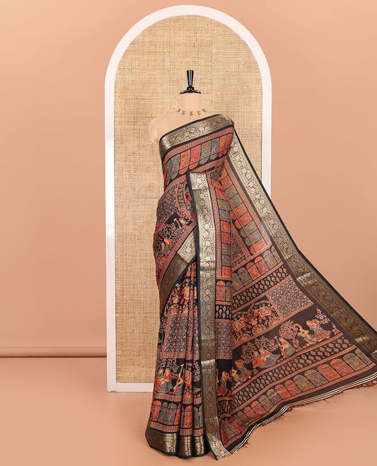 Black Moss Chiffon Accentuated with Kaleidoscopic-Colored Ancient Mughal Theme Position Print, Featuring a Self-Border of Floral Creeper Design, Position-Printed Pallu, and Paired with a Contrast Printed Blouse