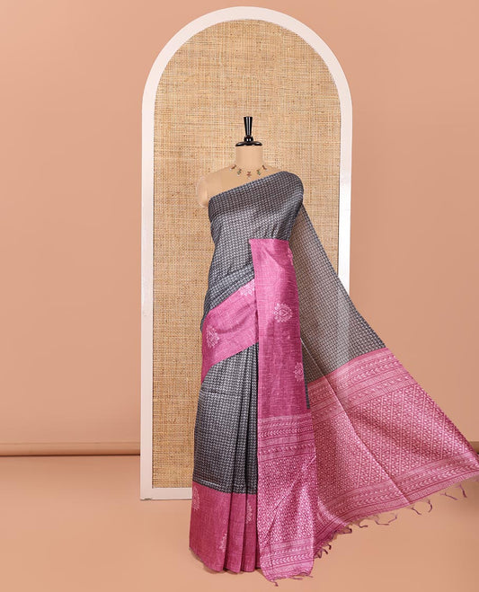 Grey and Purple Semi-Tussar Saree, Elevated with Geometric Patterns Printed All Over Its Body, Complemented by a Captivating Contrast One-Sided Border of Unique Print, and Paired with a Contrast Blouse
