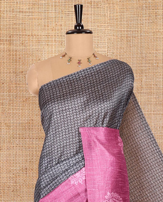 Grey and Purple Semi-Tussar Saree, Elevated with Geometric Patterns Printed All Over Its Body, Complemented by a Captivating Contrast One-Sided Border of Unique Print, and Paired with a Contrast Blouse