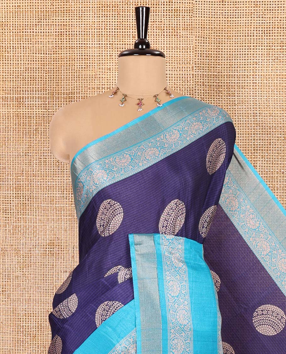 Violet Katan Silk Saree Enthralled with Stripes and Round Buttas on Its Body, Complemented by a Contrast Border of Floral Creeper Designs, Geometric Patterned Pallu, and Paired with a Contrast Blouse