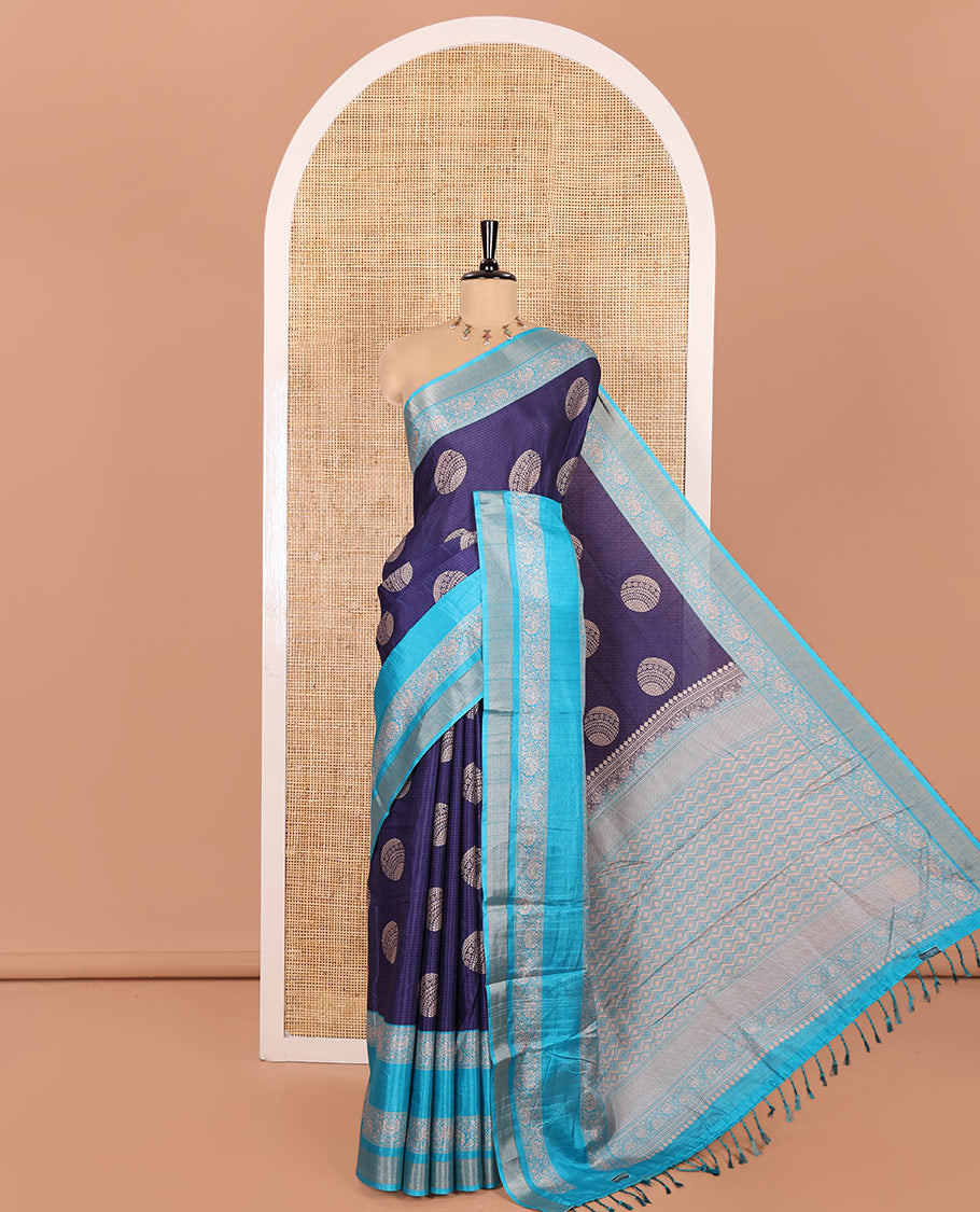 Violet Katan Silk Saree Enthralled with Stripes and Round Buttas on Its Body, Complemented by a Contrast Border of Floral Creeper Designs, Geometric Patterned Pallu, and Paired with a Contrast Blouse