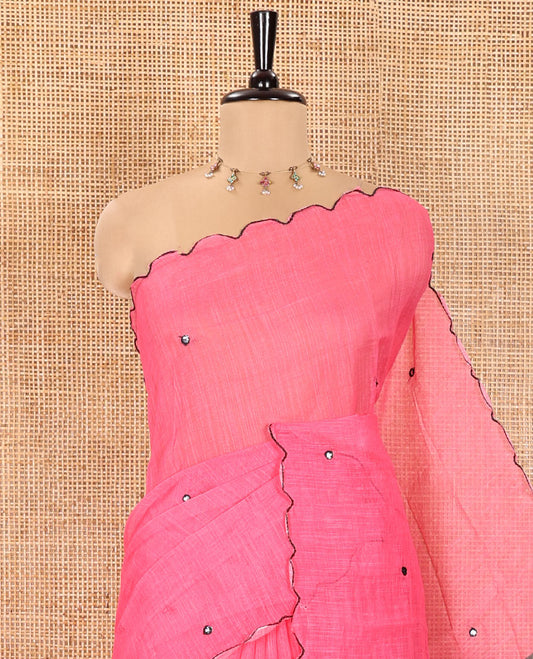 Pink Linen Cotton Saree, Bedecked with Mirror Work All Over Its Body, Subtly Scallop Border, Complemented by Contrast Pallu of Stripes and Mirror Work, and Paired with a Contrast Geometric Printed Blouse