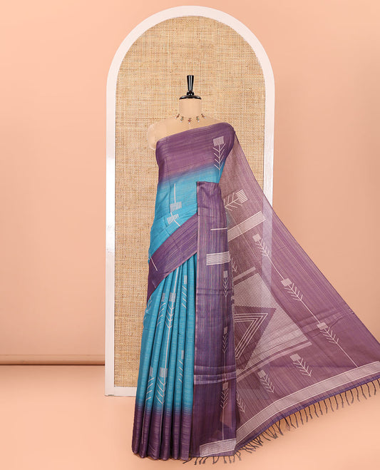 Blue Tissue Saree, Highlighted with Horizontal Stripes and Unique Motifs Printed All Over Its Body, Complemented by Contrast Printed Border, Pallu Depicts Geometric Patterns, and Paired with a Contrast Geometric Printed Blouse