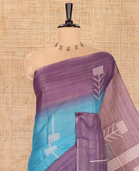 Blue Tissue Saree, Highlighted with Horizontal Stripes and Unique Motifs Printed All Over Its Body, Complemented by Contrast Printed Border, Pallu Depicts Geometric Patterns, and Paired with a Contrast Geometric Printed Blouse