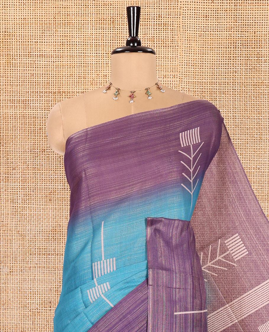 Blue Tissue Saree, Highlighted with Horizontal Stripes and Unique Motifs Printed All Over Its Body, Complemented by Contrast Printed Border, Pallu Depicts Geometric Patterns, and Paired with a Contrast Geometric Printed Blouse