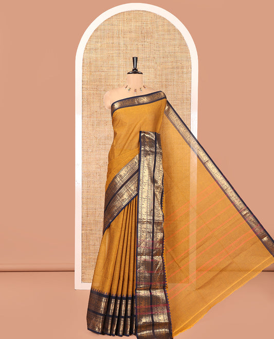 Mustard Plain Chettinad Cotton Saree, Complemented by a Contrast Rettai Pettu Zari Border of Thread-Temple, Coin, Elephant, and Peacock Designs, Subtly Striped Pallu, and Paired with a Matching Blouse