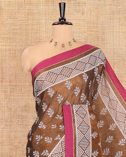 Copper Khadi Tissue Saree, Adorned with Leaf Buttas All Over Its Body, Highlighted by Geometric Patterned Border, Pallu Depicts Geometric Prints, and Paired with a Matching Blouse