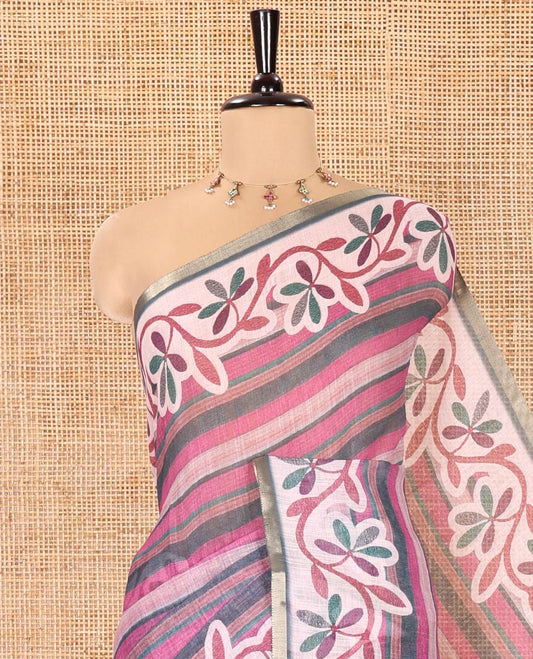 Magenta Linen Cotton Saree, Elevated with Stripes Print All Over Its Body, Complemented by a Contrast Floral Creeper Printed Border, Pallu Pictures Tree Motifs Print, and Paired with a Contrast Blouse