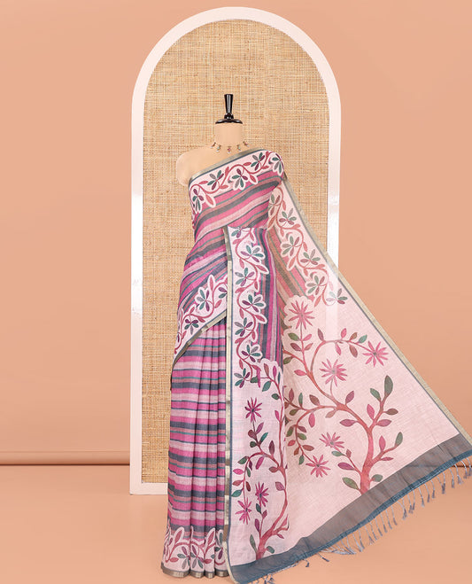 Magenta Linen Cotton Saree, Elevated with Stripes Print All Over Its Body, Complemented by a Contrast Floral Creeper Printed Border, Pallu Pictures Tree Motifs Print, and Paired with a Contrast Blouse