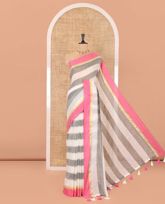 Half-White and Grey Tissue Mul Cotton Saree, Subtly Features Horizontal Stripes, Complemented by Contrast Border, Self-Pallu, and Paired with a Matching Blouse
