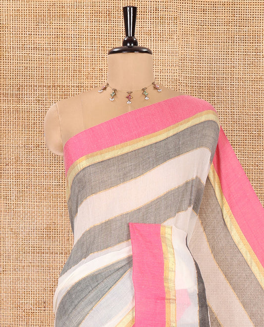 Half-White and Grey Tissue Mul Cotton Saree, Subtly Features Horizontal Stripes, Complemented by Contrast Border, Self-Pallu, and Paired with a Matching Blouse