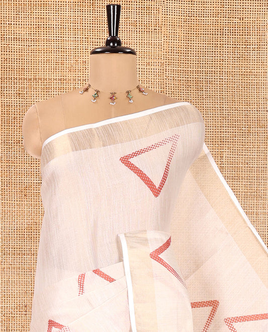 Gold Tissue Saree, Accentuated with Geometric-Themed Triangle Motifs Printed on Its Body, Highlighted by a Zari Border, Pallu Mirrors the Same Print, and Paired with a Matching Blouse
